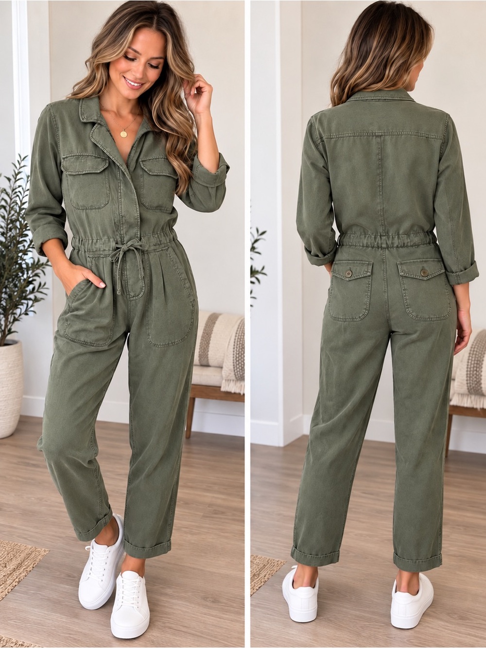 Isabel Marant Washed Olive Utility Jumpsuit with Drawstring Waist